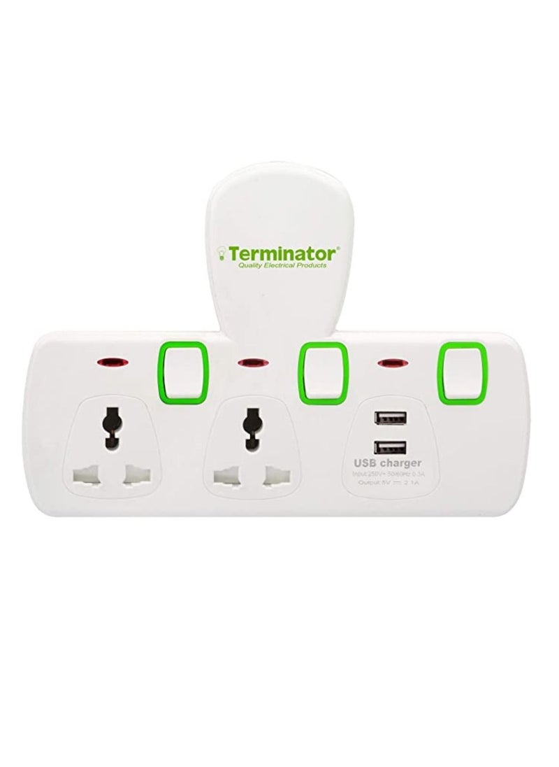Terminator 2 Way Universal T Socket With 2 USB 2.1AH Individual Switch And Indicator With Fused In White Color  - Image 2