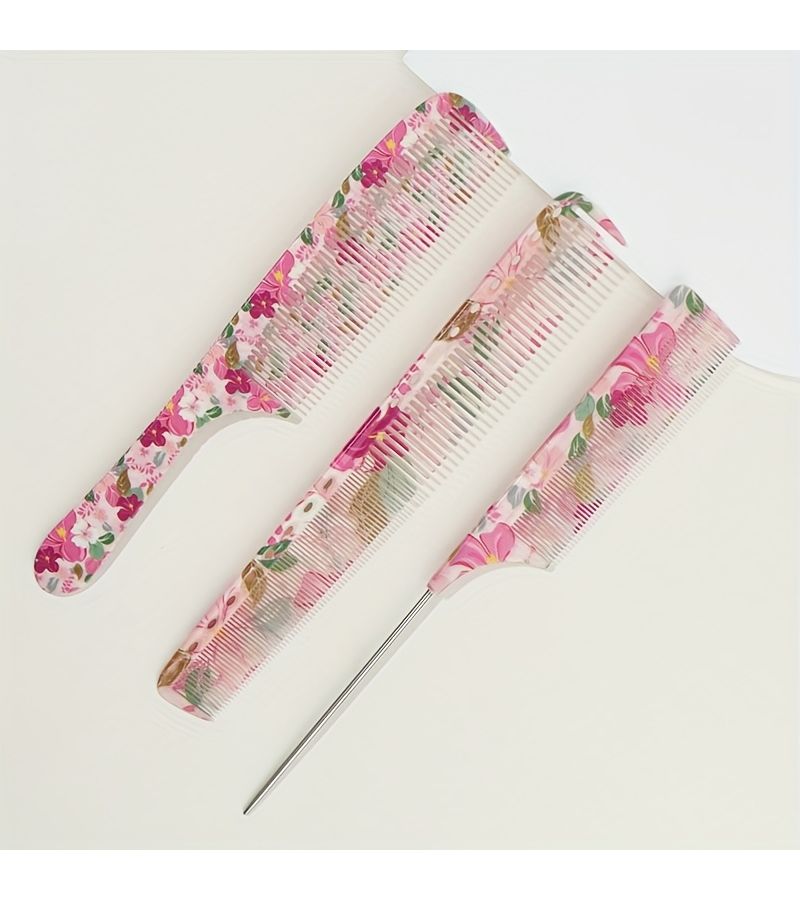 3 Pcs Hair Combs Set Pointed Tail Comb And Flat Comb Durable ABS Material Metal And ABS Handle Elegant Flower Pattern Color Printing Smooth Hair Combing Tangle Free - Image 2