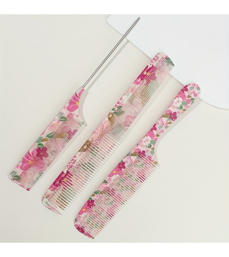 3 Pcs Hair Combs Set Pointed Tail Comb And Flat Comb Durable ABS Material Metal And ABS Handle Elegant Flower Pattern Color Printing Smooth Hair Combing Tangle Free - Image 3