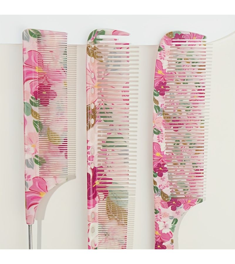 3 Pcs Hair Combs Set Pointed Tail Comb And Flat Comb Durable ABS Material Metal And ABS Handle Elegant Flower Pattern Color Printing Smooth Hair Combing Tangle Free - Image 5