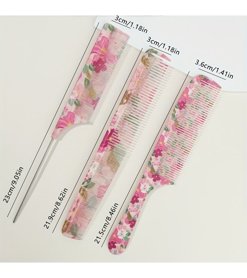 3 Pcs Hair Combs Set Pointed Tail Comb And Flat Comb Durable ABS Material Metal And ABS Handle Elegant Flower Pattern Color Printing Smooth Hair Combing Tangle Free - Image 4