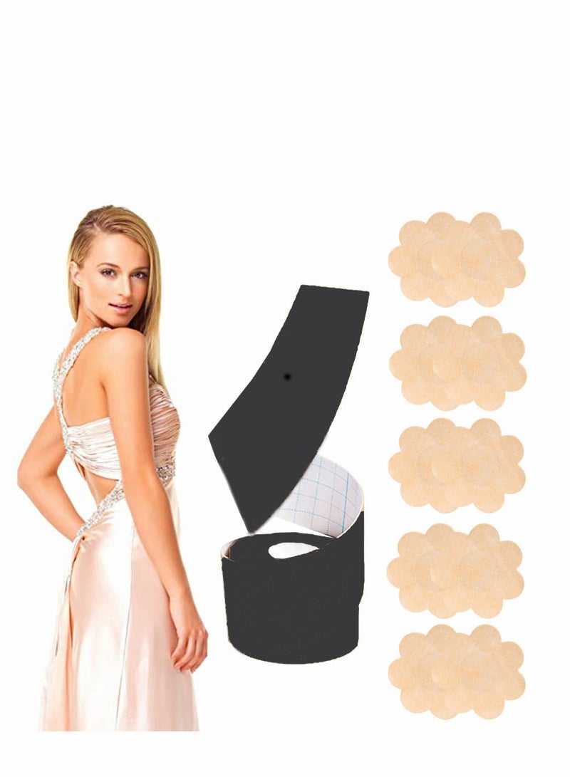 SOLARAE مجموعة أغطية بدون ظهر 5 أزواج، شريط دعم كبير قابل للتنفس، شريط صدر رياضي، حمالة صدر لاصقة يمكن التخلص منها لكوب A-E، 2" × 16.4 قدم حمالة صدر لاصقة - Image 1