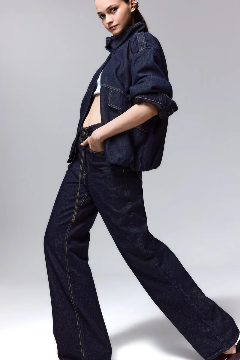 Draw Belt Straight Wide High Waist Jeans
