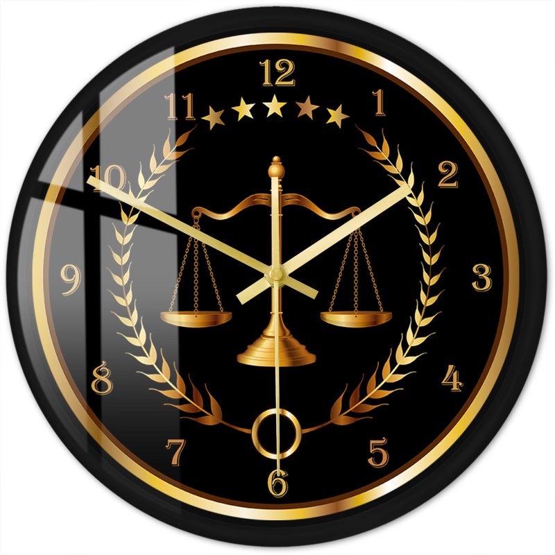 Timethink Scale of Justice Metal Frame Round Clock Battery Operated Quartz Non Ticking Judge Law Black Aluminum Frame Wall Clock for Lawyer Office Decor Law Firm Office School Living Room Wall Art