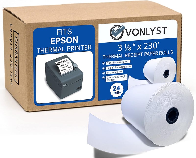 Vonlyst 3 1/8 x 230 Thermal Paper Receipt Roll for Epson Printer (Pack 24 rolls) - Image 1