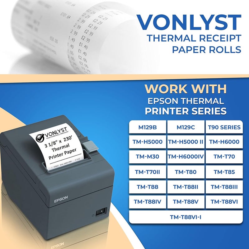 Vonlyst 3 1/8 x 230 Thermal Paper Receipt Roll for Epson Printer (Pack 24 rolls) - Image 2
