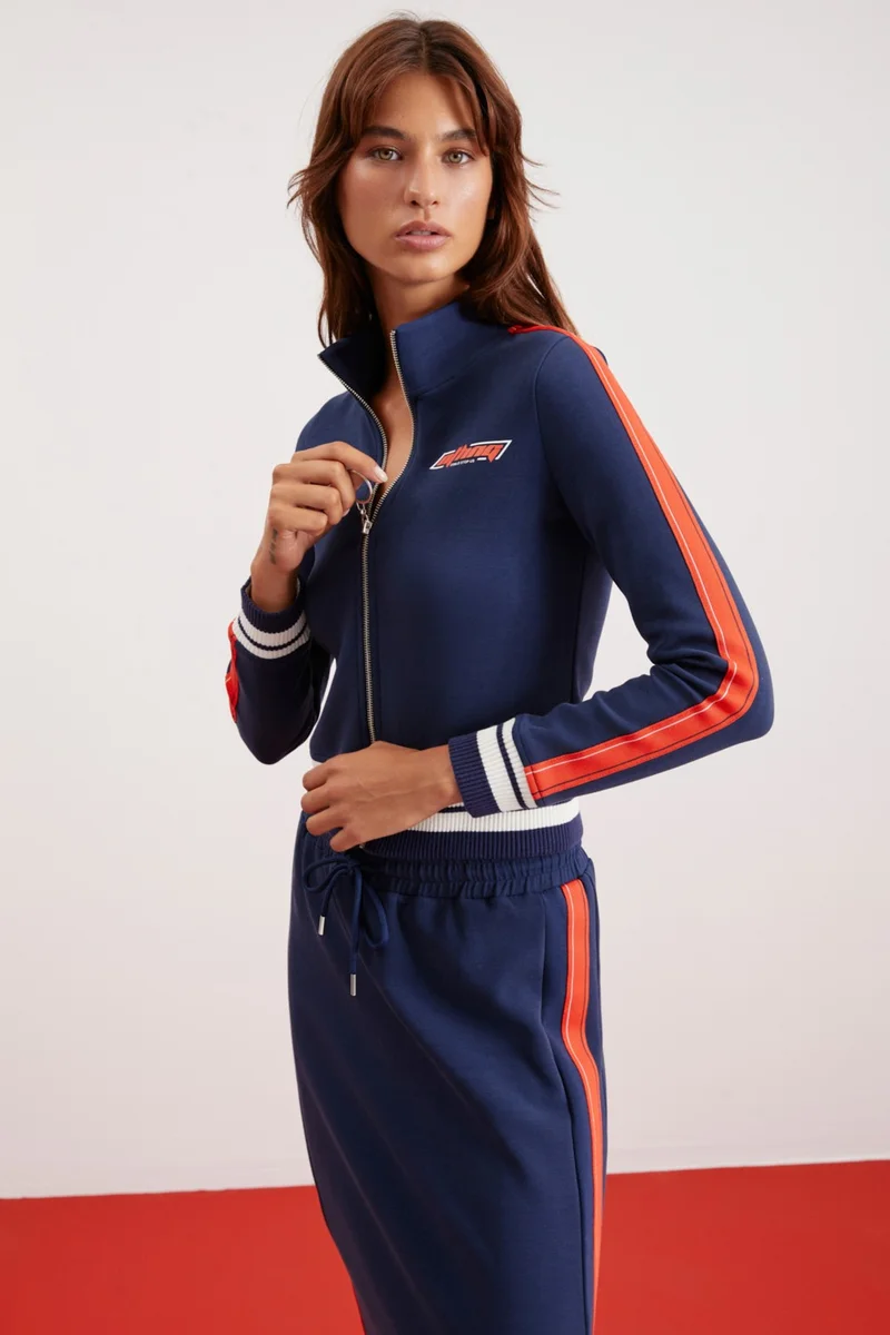GRIMELANGE Anita Women's Knitted Slim Fit Piece Printed Stand Collar Navy Blue Jacket