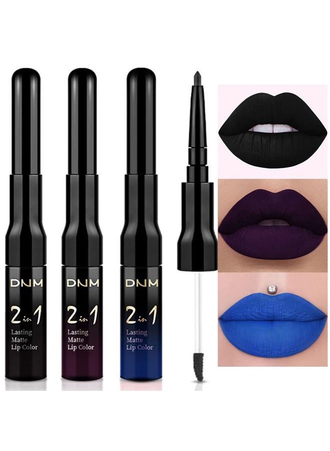 evpct 3Pcs Dark Blue Black Purple Matte Lip Liner and Liquid Lipstick Lip Gloss Stain Makeup Set Smudge Proof 24 Hours Original Long Lasting Matte Lipstick Waterproof labial mate larga duracion 24 - Image 1