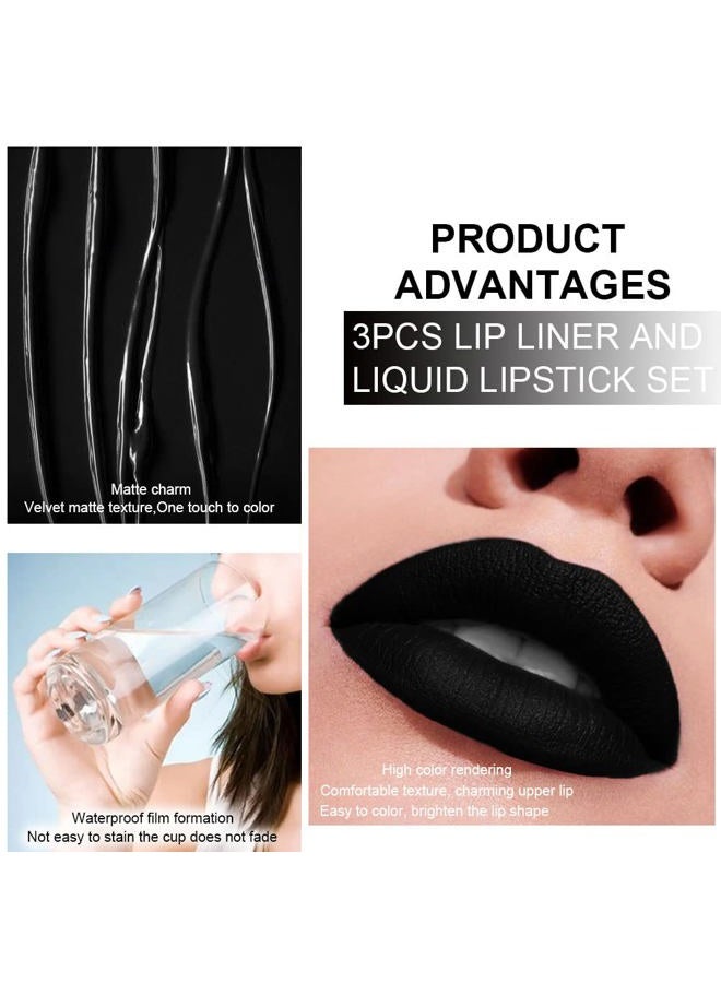 evpct 3Pcs Dark Blue Black Purple Matte Lip Liner and Liquid Lipstick Lip Gloss Stain Makeup Set Smudge Proof 24 Hours Original Long Lasting Matte Lipstick Waterproof labial mate larga duracion 24 - Image 5