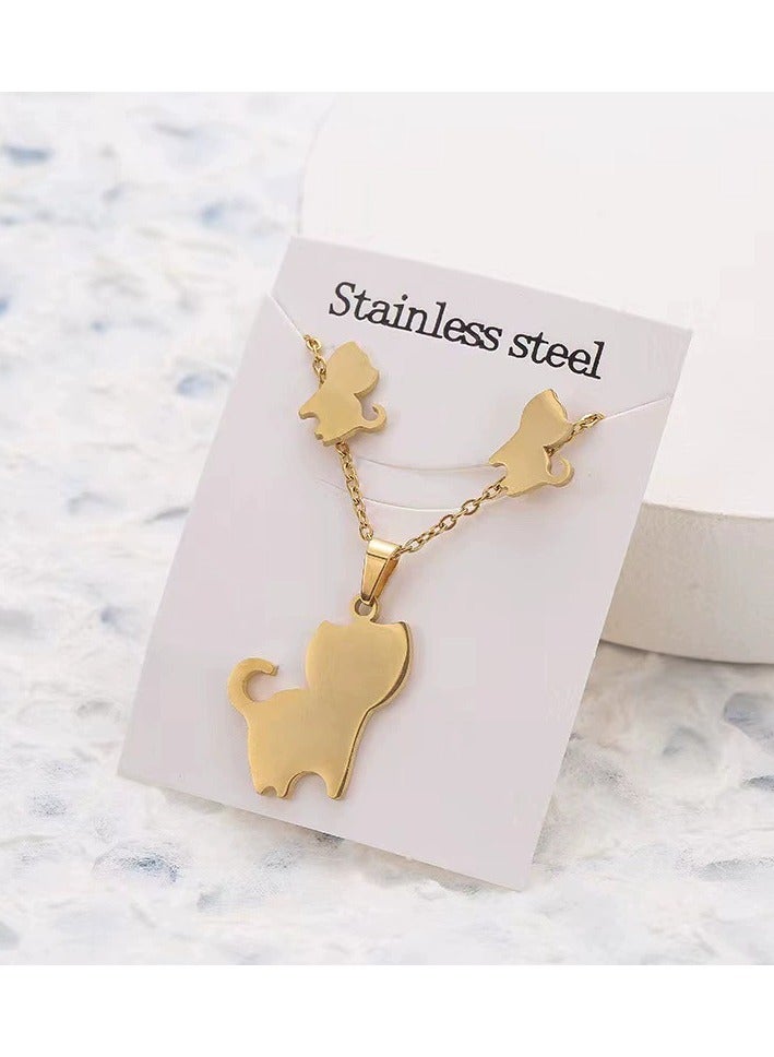 Goolsky Cute Cat Ear Jewelry Set | Stainless Steel Stud Earrings & Pendant Necklace 3PCS for Women & Girls