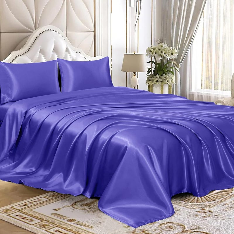 Homiest مجموعة هوميست المكونة من 3 قطع من أغطية الساتان الفاخرة والحريرية مع جيب عميق، 1 شرشف مطاطي + 1 شرشف مسطح + 1 كيس وسادة (مقاس توين، أزرق نبتون) - Image 1