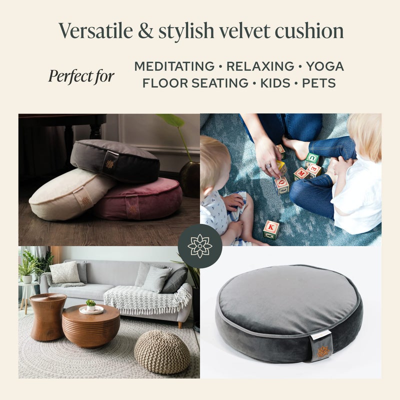 Mindful Modern Mindful & Modern Velvet Meditation Cushion | Luxe Zafu Yoga Floor Pillow Seat | Posture Support | Buckwheat Hull Filled | Large Round Cushion with Removable Washable Cover + Carry Handle | Color Grey - Image 4