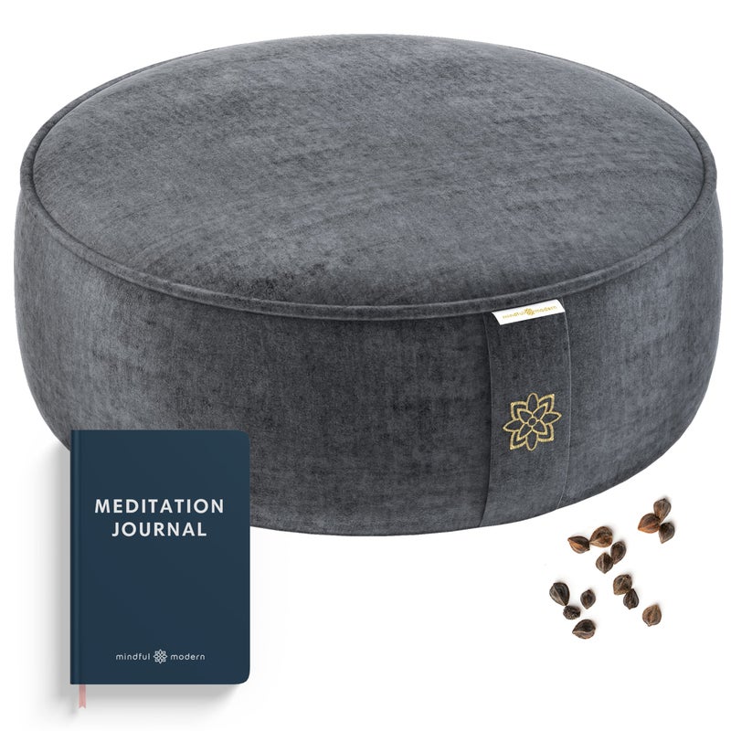 Mindful Modern Mindful & Modern Velvet Meditation Cushion | Luxe Zafu Yoga Floor Pillow Seat | Posture Support | Buckwheat Hull Filled | Large Round Cushion with Removable Washable Cover + Carry Handle | Color Grey - Image 1