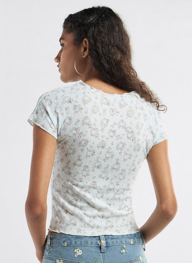 Splash FAV All-Over Floral Detail Crew Neck T-shirt with Short Sleeves - Image 3