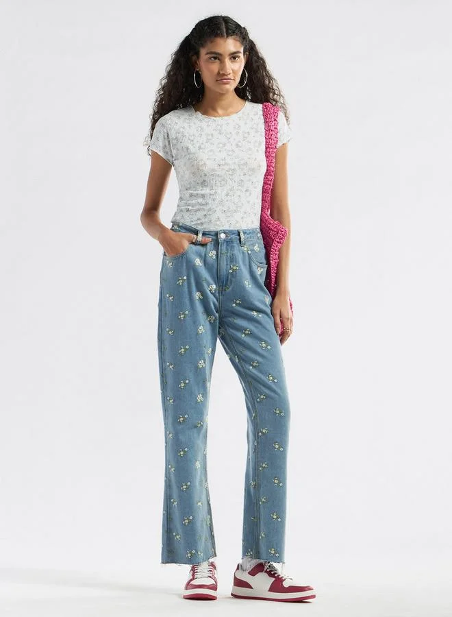 Splash FAV All-Over Floral Detail Crew Neck T-shirt with Short Sleeves