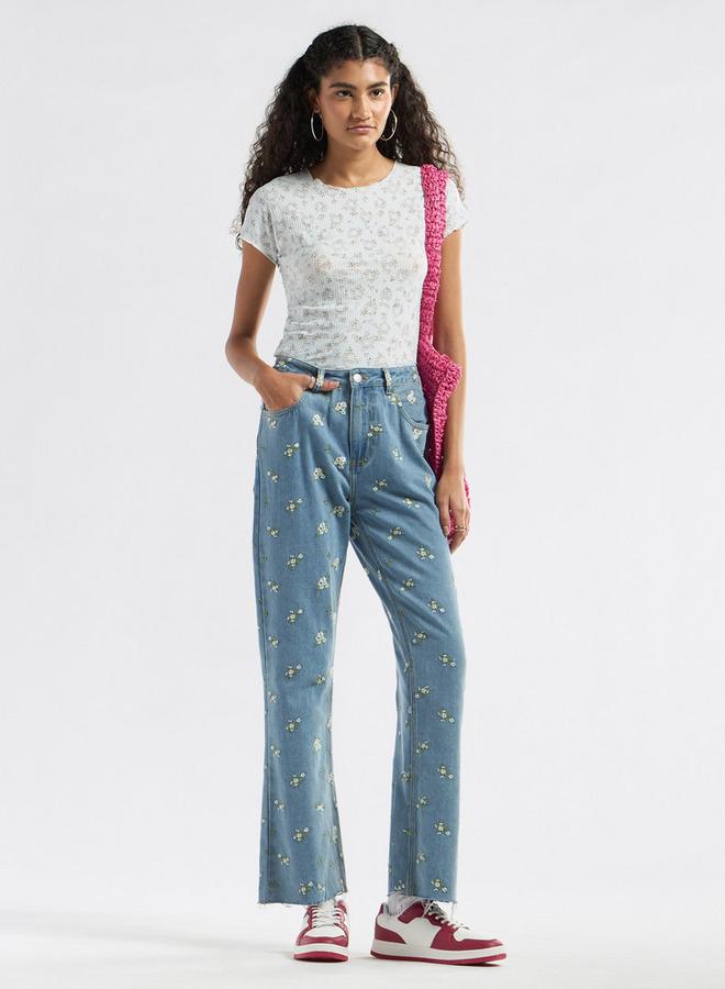 Splash FAV All-Over Floral Detail Crew Neck T-shirt with Short Sleeves - Image 2