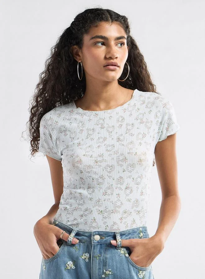 Splash FAV All-Over Floral Detail Crew Neck T-shirt with Short Sleeves
