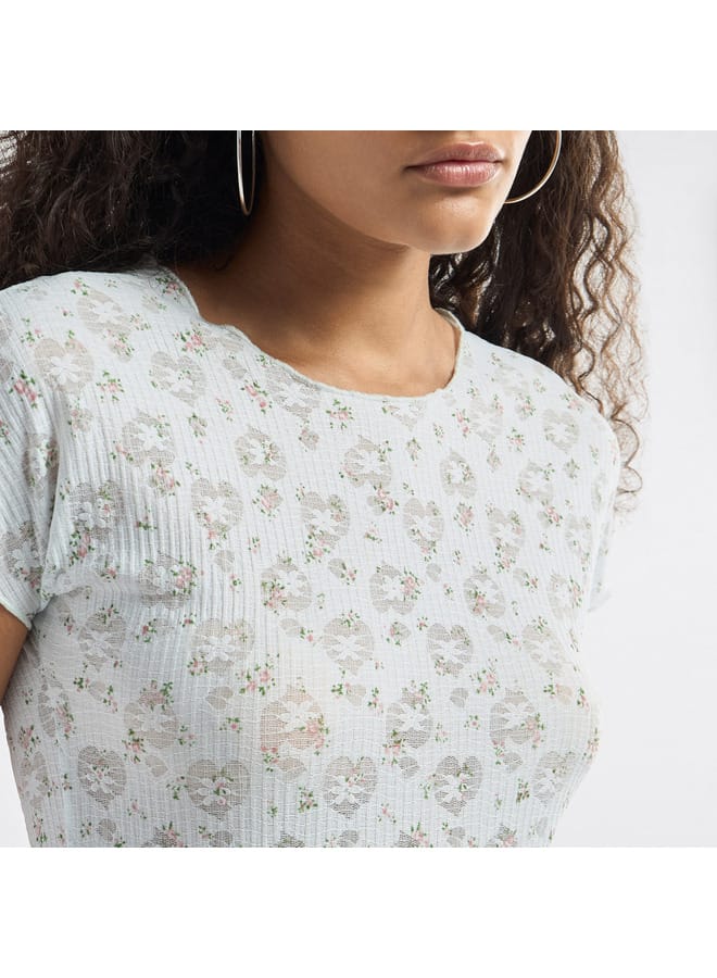 Splash FAV All-Over Floral Detail Crew Neck T-shirt with Short Sleeves  - Image 4