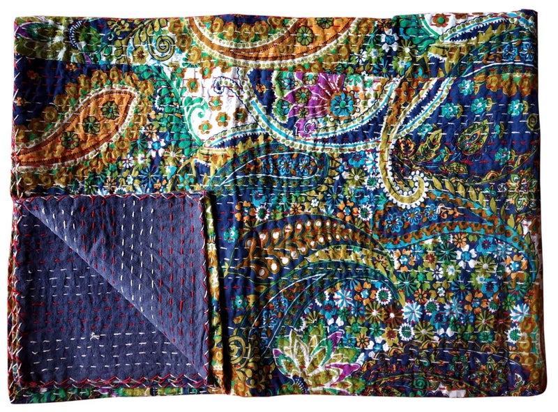 BOHEKANT Handicraft Cotton Hand Embroidery Kantha Quilt Kantha Bed Cover Handmade Kantha Bedspread Kantha Blanket Throw15 Queen 90x108 inches Double Bed - Image 4