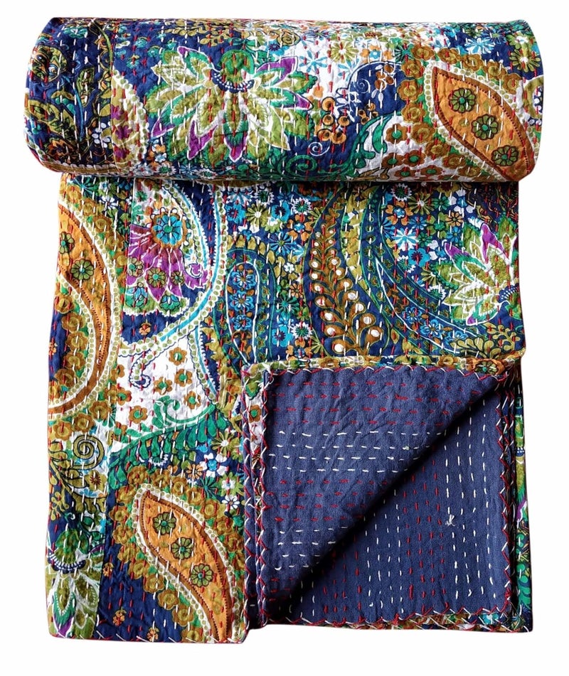 BOHEKANT Handicraft Cotton Hand Embroidery Kantha Quilt Kantha Bed Cover Handmade Kantha Bedspread Kantha Blanket Throw15 Queen 90x108 inches Double Bed - Image 2