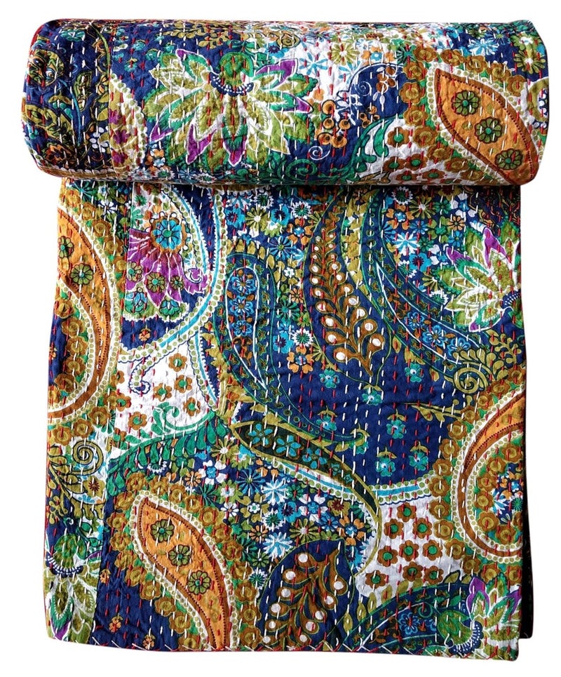 BOHEKANT Handicraft Cotton Hand Embroidery Kantha Quilt Kantha Bed Cover Handmade Kantha Bedspread Kantha Blanket Throw15 Queen 90x108 inches Double Bed - Image 1