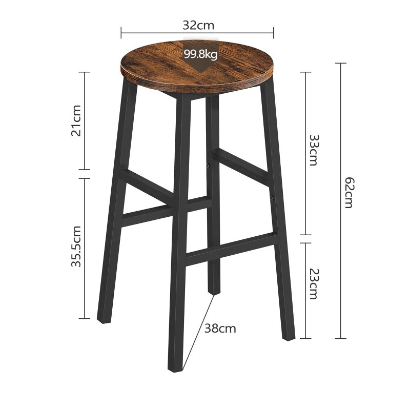 MAHANCRIS Bar Stools, Set of 2 Round Bar Chairs with Footrest, 24.4 Inch Kitchen Breakfast Bar Stools, Industrial Bar Stools, Easy Assembly, for Dining Room, Kitchen, Rustic Brown BAHR0201Z - Image 3