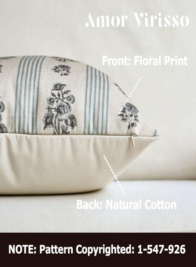 Amor Virisso Floral Throw Pillow Covers 22x22 Set of 2 Block Print Pillow Covers Neutral Floral Striped Farmhouse Decorative Pillow Covers for Sofa Couch Bed, Light Blue - Image 2