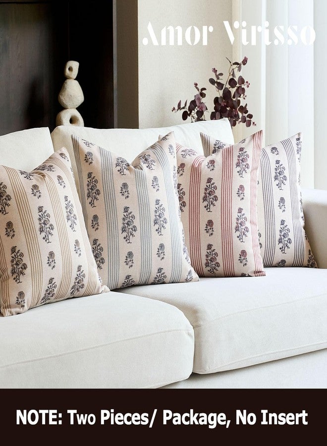 Amor Virisso Floral Throw Pillow Covers 22x22 Set of 2 Block Print Pillow Covers Neutral Floral Striped Farmhouse Decorative Pillow Covers for Sofa Couch Bed, Light Blue - Image 3