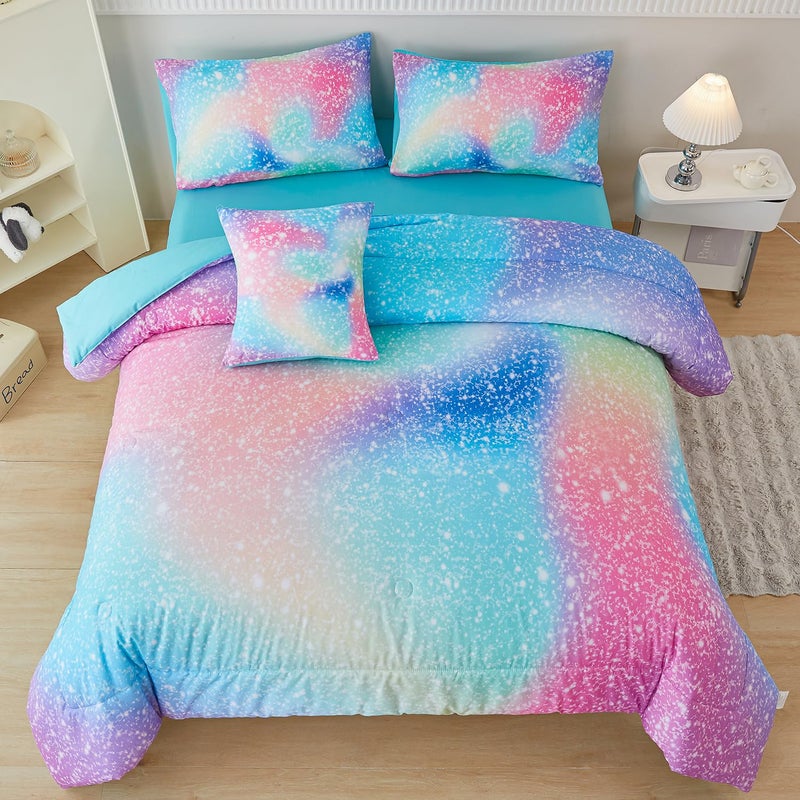 PERFEMET Pink Green Girls Twin Comforter Set 6 Pieces Colorful Rainbow Kids Bedding Sets Tie Dye Ombre Glitter Bed in A Bag Comforter Set with Sheets