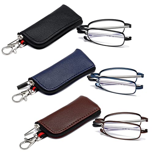 OWTXIS 3 Pack Folding Reading Glasses for Men Women Keychain Compact Readers Blue Light Portable Pocket Eyeglasses Black Blue Brown 200 - Image 2