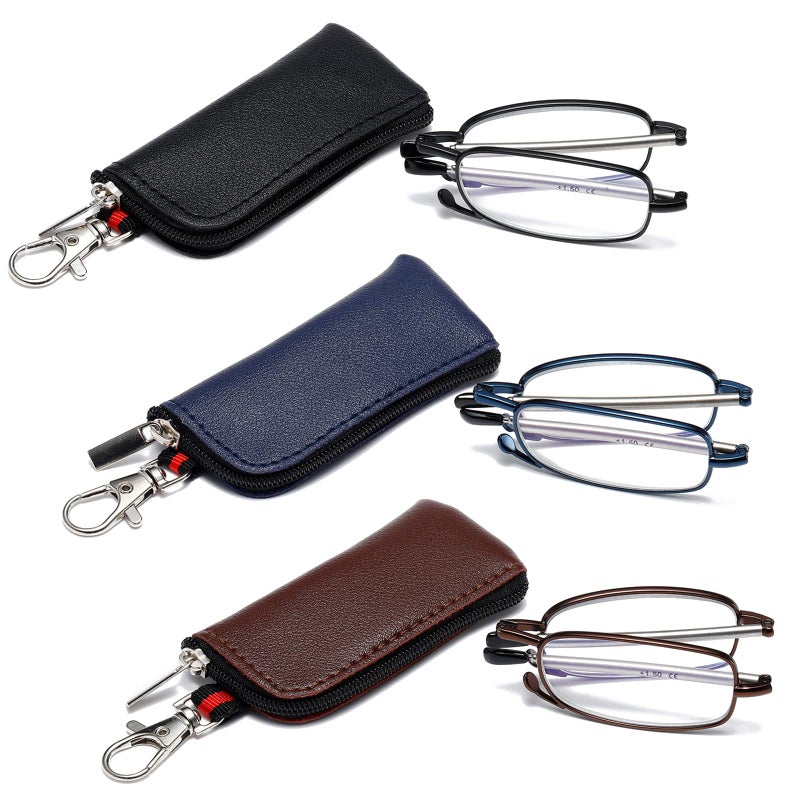 OWTXIS 3 Pack Folding Reading Glasses for Men Women Keychain Compact Readers Blue Light Portable Pocket Eyeglasses Black Blue Brown 200 - Image 3