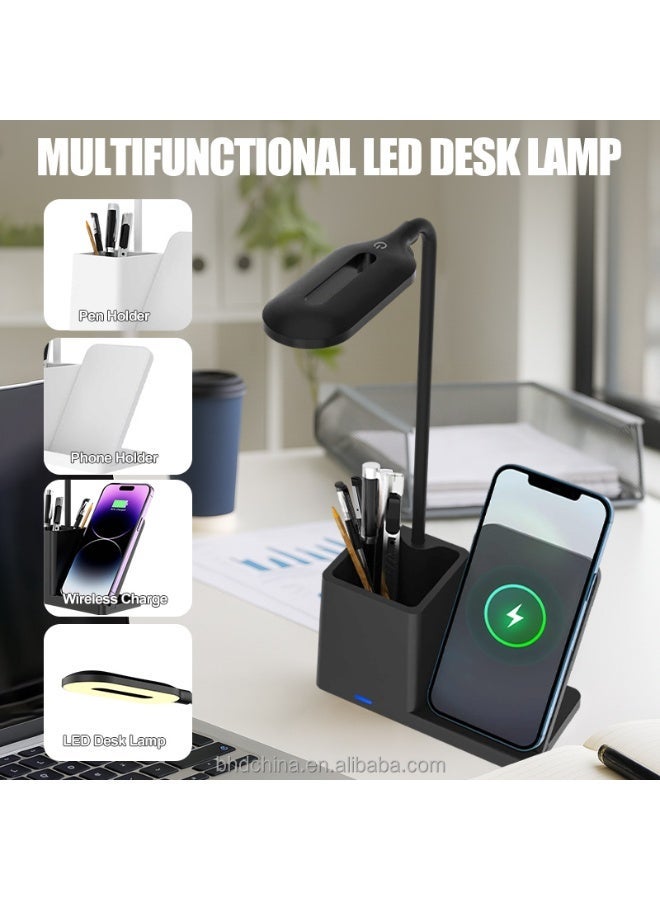 مصباح مكتب LED متعدد الوظائف 4 في 1 - شاحن لاسلكي سريع، حامل أقلام، وحامل هاتف بتصميم عصري مرن - Image 1