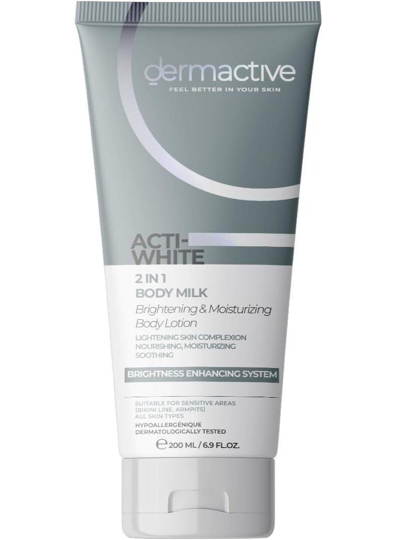 ديرماكتيف درماكتيف Acti أبيض حليب جسم 2 في 1 – 200 ml يفتح ويرطب, Targets Uneven Tone, Lightweight مغذي Care لجميع أنواع البشرة, Dermatologist Tested, للاستخدام اليومي – AM & PM - Image 1