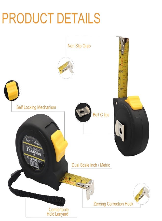 binifiMux Tape Measure 25FT with Fractions 1/8 Scale, Retractable Easy Read Measuring Tape, Imperial Pocket Measurement Tape with Metal Belt Clip for Construction, Contractor, Carpenter, Woodworking - Image 3