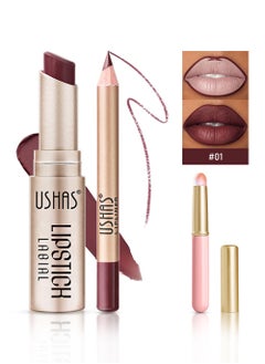 Ushas 3 Pcs Lip Liner & Lipstick Set, Long-Lasting Matte Waterproof Lip Liner and Lipstick Combo With Pink Lip Brush, Lips Makeup Gift Kit for Women#1  - Image 1