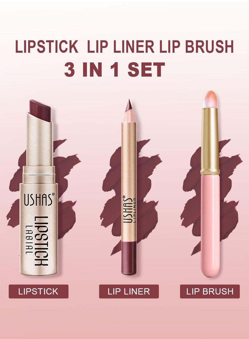 Ushas 3 Pcs Lip Liner & Lipstick Set, Long-Lasting Matte Waterproof Lip Liner and Lipstick Combo With Pink Lip Brush, Lips Makeup Gift Kit for Women#1 - Image 2