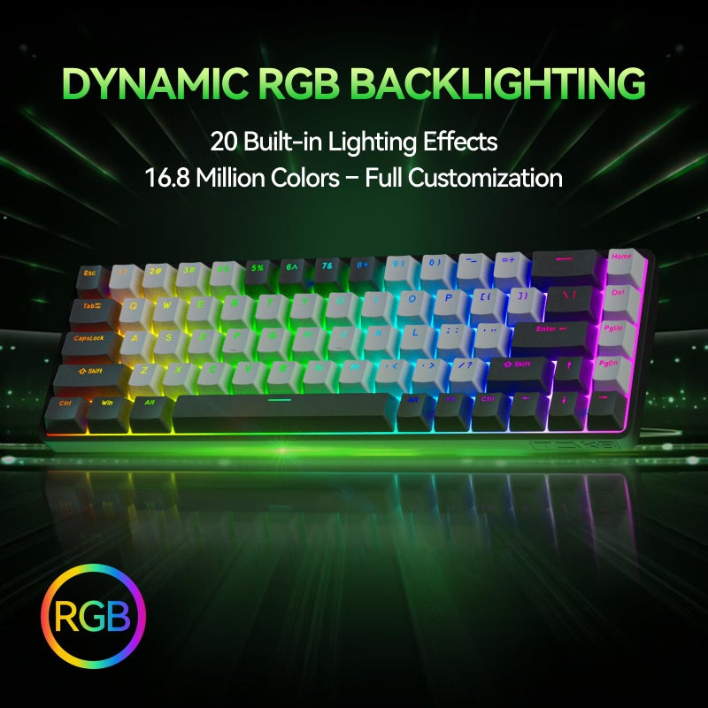 TMKB Technology Mechanical KeyBoard لوحة مفاتيح الألعاب الميكانيكية TMKB T68 60% اللاسلكية، ثلاثية الوضع BT5.0/2.4GHz/USB-C مع مفتاح أزرق، إضاءة خلفية RGB، مضادة للتداخل، 68 مفتاح مدمجة، سلكية/لاسلكية، سوداء/رمادية - Image 4