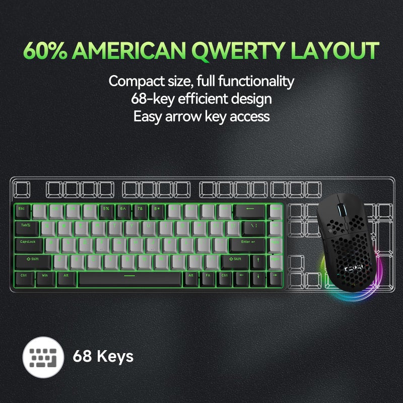 TMKB Technology Mechanical KeyBoard لوحة مفاتيح الألعاب الميكانيكية TMKB T68 60% اللاسلكية، ثلاثية الوضع BT5.0/2.4GHz/USB-C مع مفتاح أزرق، إضاءة خلفية RGB، مضادة للتداخل، 68 مفتاح مدمجة، سلكية/لاسلكية، سوداء/رمادية - Image 5