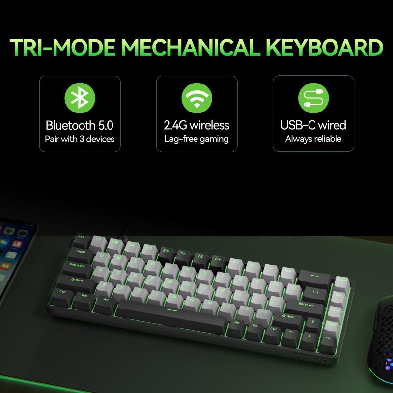 TMKB Technology Mechanical KeyBoard لوحة مفاتيح الألعاب الميكانيكية TMKB T68 60% اللاسلكية، ثلاثية الوضع BT5.0/2.4GHz/USB-C مع مفتاح أزرق، إضاءة خلفية RGB، مضادة للتداخل، 68 مفتاح مدمجة، سلكية/لاسلكية، سوداء/رمادية - Image 2