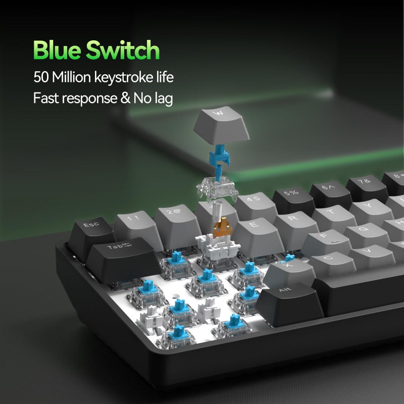 TMKB Technology Mechanical KeyBoard لوحة مفاتيح الألعاب الميكانيكية TMKB T68 60% اللاسلكية، ثلاثية الوضع BT5.0/2.4GHz/USB-C مع مفتاح أزرق، إضاءة خلفية RGB، مضادة للتداخل، 68 مفتاح مدمجة، سلكية/لاسلكية، سوداء/رمادية - Image 3