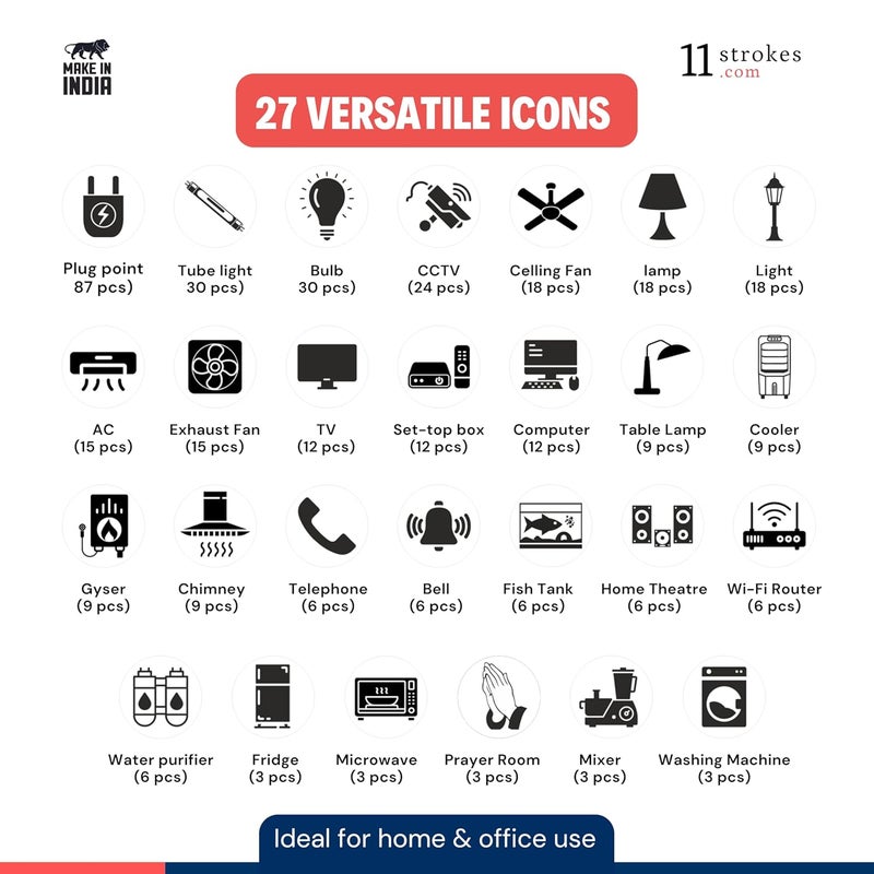 11 Strokes Black & White Switch Board Stickers - 3 Self-Adhesive Sheets, Electric Labels, Transparent Stickers for Home Wall Switches-Vinyl - Image 3