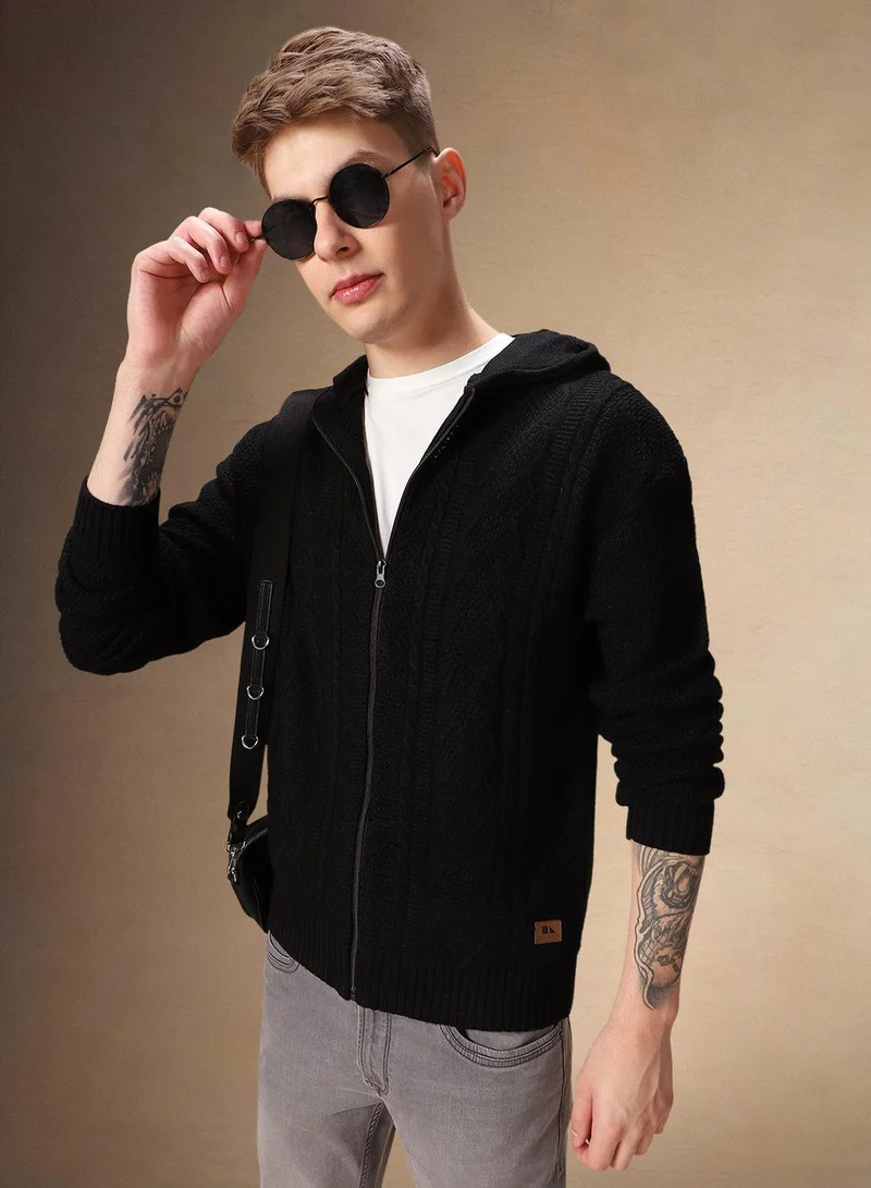 Men's Black 100% Acrylic Solid Cardigan Regular Fit Sweater