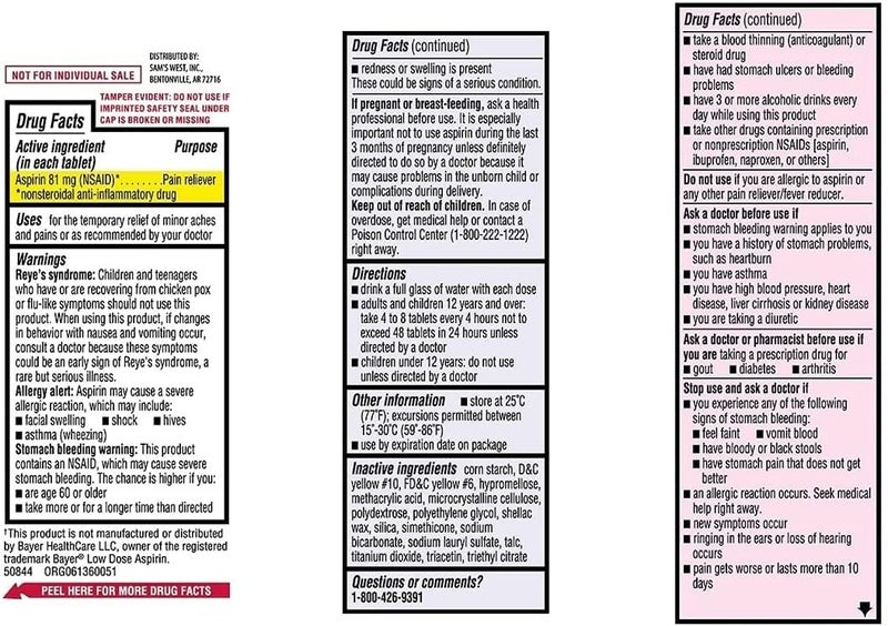 Member's Mark Sam's West Member's Mark Low Strength Adults Enteric Safety Coated Aspirin Regimen Tablets Pain Reliever NSAID, 81 mg, 2 Bottles, 730 Tablets - Image 2