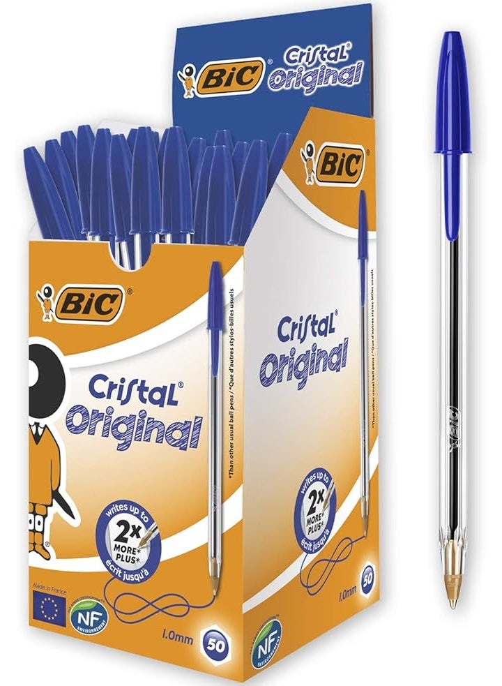 BIC Cristal Original Ball Point Pen - Pack of 50 Pens - Medium Point (1.0 mm) - Blue Ink - Image 1