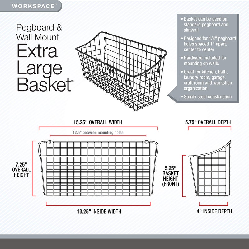 Spectrum Diversified Spectrum Pegboard & Wall Mount Wire Basket Extra Large (Industrial Gray) - Storage & Organizer for Garage, Tools, Shed, Home, Work Bench, Crafts, & More - Image 2