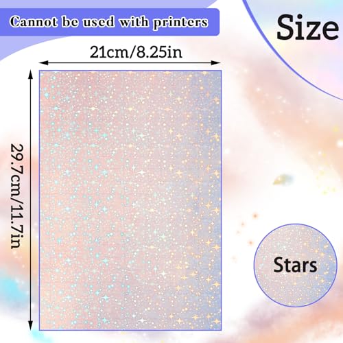 Clabby 36 Sheets Holographic Sticker Paper Clear A4 Vinyl Sticker Paper Self Adhesive Waterproof Transparent Film Gem Rainbow Star Patterns, 11.7 x 8.3 Inch (Star) - Image 2