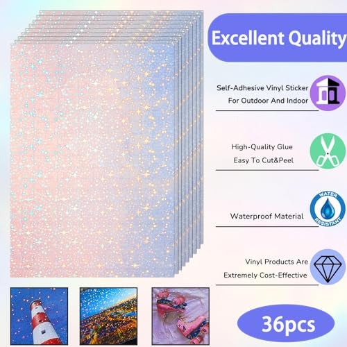 Clabby 36 Sheets Holographic Sticker Paper Clear A4 Vinyl Sticker Paper Self Adhesive Waterproof Transparent Film Gem Rainbow Star Patterns, 11.7 x 8.3 Inch (Star) - Image 3
