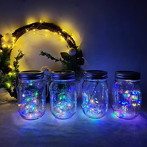 Decorman Solar Mason Jar Lights, 4 Pack 30 LED Fairy Star Firefly String Lids Lights with 4 Hangers for Patio Yard Garden Party Wedding Christmas Decoration(Jars Not Included) (4 Pack, Colorful) - Image 4