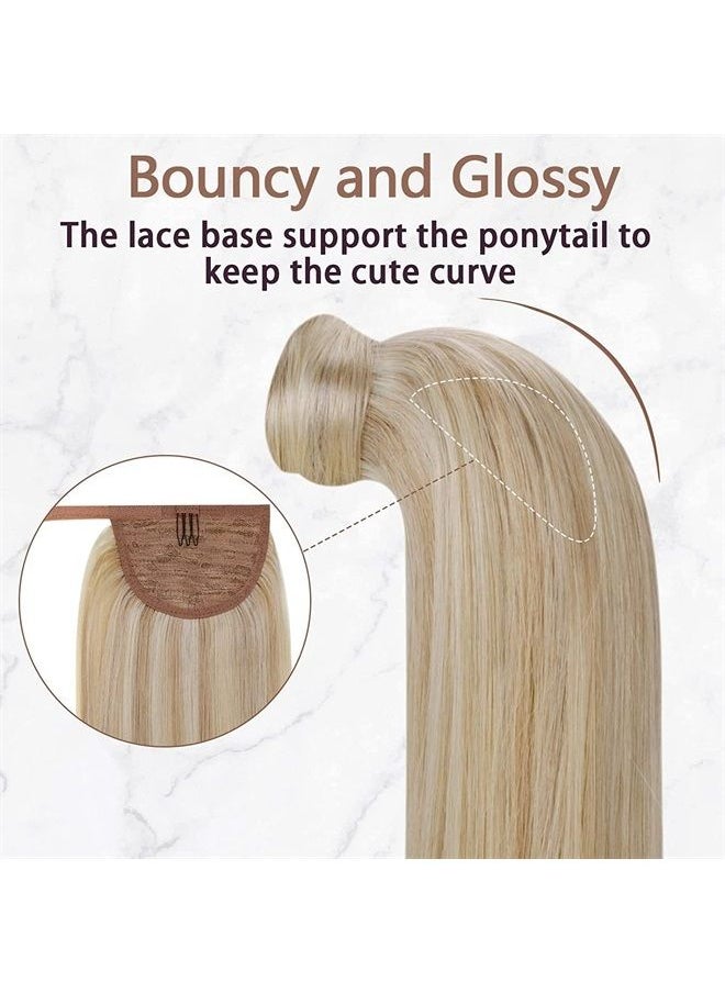 RUNATURE - Human Hair Ponytail Extension Blonde Ponytail Human Hair Extensions Short Hairpiece Ash Blonde with Platinum Blonde Straight Clip in Ponytail Hair Extension Real Hair Wrap Around 14 Inch 70g - Image 1
