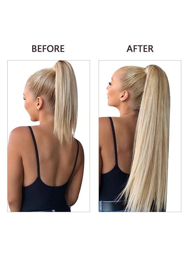 RUNATURE - Human Hair Ponytail Extension Blonde Ponytail Human Hair Extensions Short Hairpiece Ash Blonde with Platinum Blonde Straight Clip in Ponytail Hair Extension Real Hair Wrap Around 14 Inch 70g - Image 1